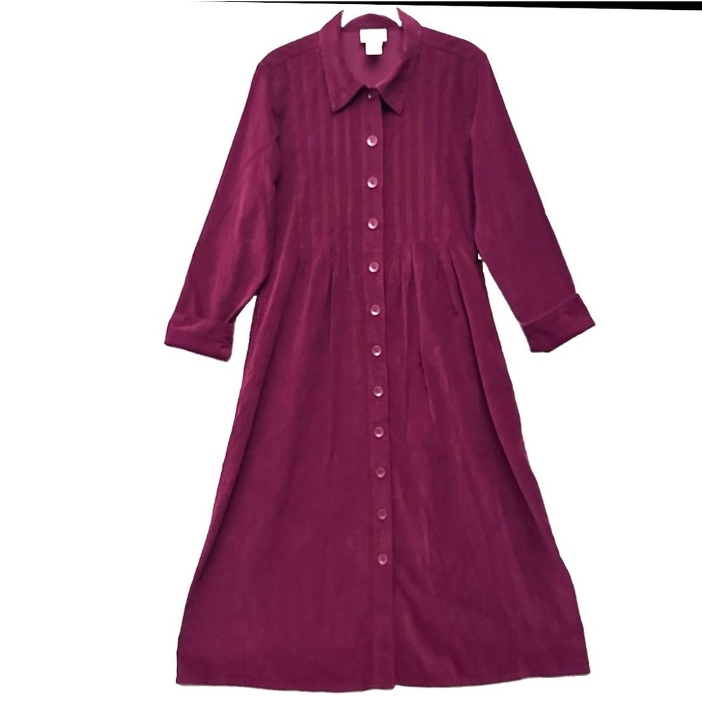 Vermont Country Store S Corduroy Shirt Dress Plum Burgundy Pintuck Button Front